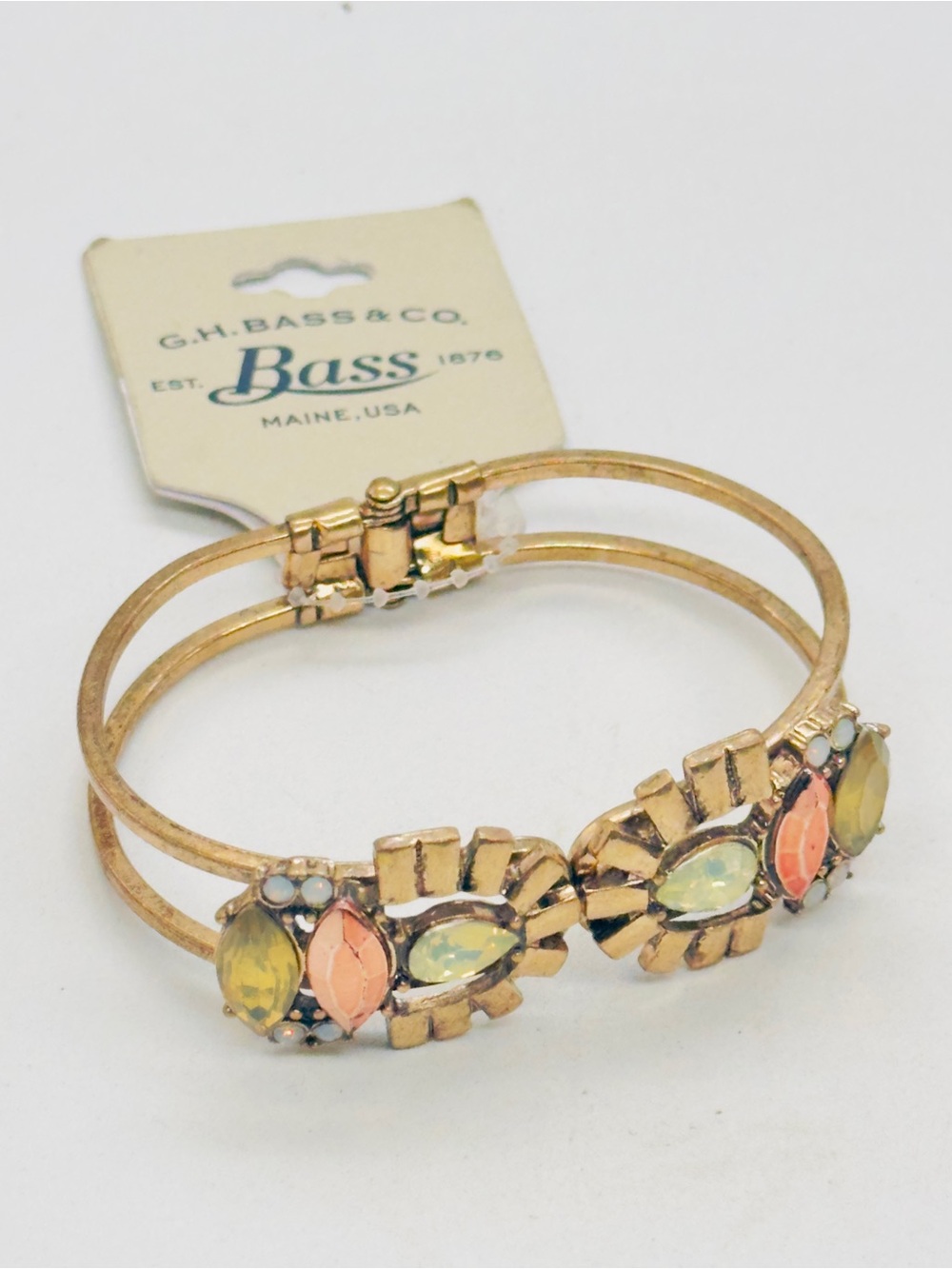 G.H. Bass Co Gold Tone Clamp Hinge Bracelet Green Pink Stones NWT Rhinestones